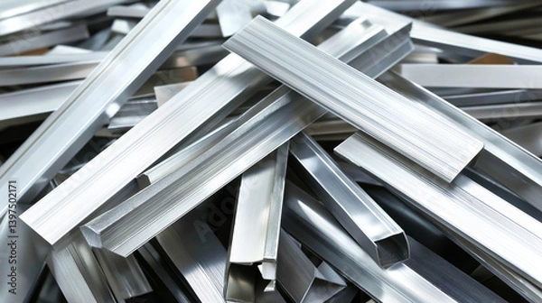 Obraz Scrap pile of aluminum extrusion profiles and bars, extruded beams vary in shapes and sizes. Concepts related to manufacturing, recycling, construction materials, or metal industry visuals