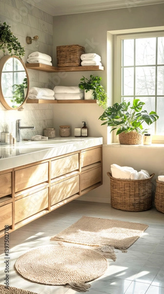 Fototapeta Elegant bathroom interior with floating wooden vanity and sleek white marble countertop, creating harmonious blend of modern comfort and eco-inspired design. Space is styled with soft, natural light