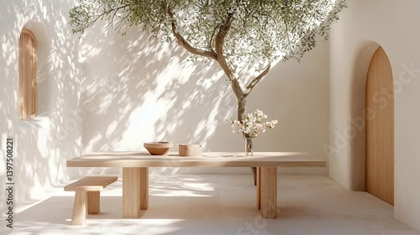 Obraz Minimalist wooden patio dining area with olive tree