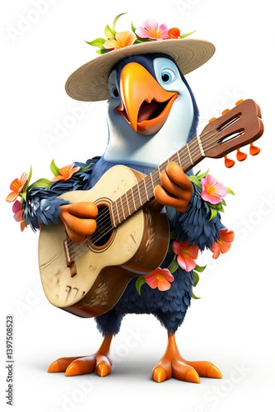 Fototapeta Colorful 3D cartoon toucan in tropical floral outfit playing guitar and singing. Concept of tourism branding, music festivals, and vibrant event mascots