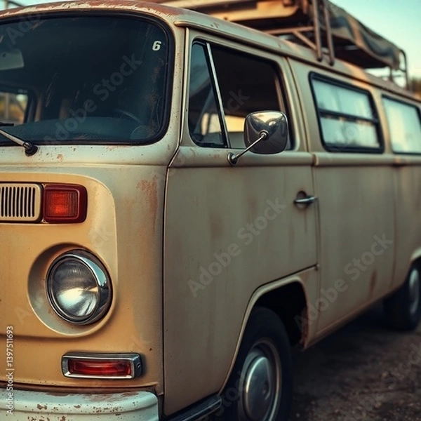 Obraz High-resolution stock image of a vintage van, with a weathered paint job showing age and character. The photograph is in a cinematic style, evoking a nostalgic feel. 
