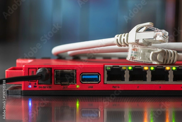 Fototapeta Network infrastructure components, a switch with connected cabling, in a telecommunication room