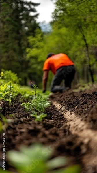 Fototapeta A person working in the dirt within a natural environment