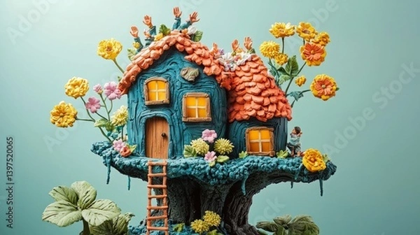 Fototapeta Whimsical Tree House Surrounded by Colorful Flowers and Nature Elements