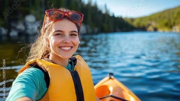 Fototapeta Smiling woman enjoying kayaking on a sunlit mountain lake