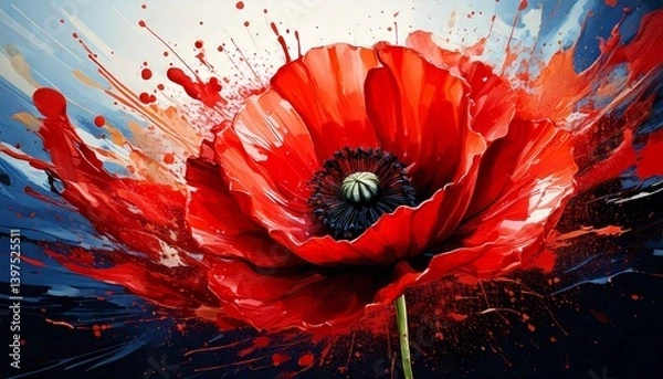 Fototapeta Abstract red poppy flower paint splash commemorating remembrance or anzac day digital illustration