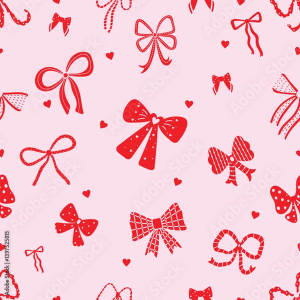 Fototapeta Seamless pattern with red various cute bow knots, gift ribbons. Hand drawn vector illustration. Can be used in textile industry, paper, background, scrapbooking.