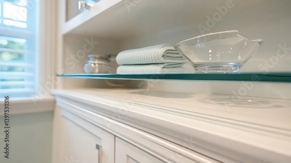 Fototapeta White Built-in Shelving with Glass Shelf and Soft Lighting