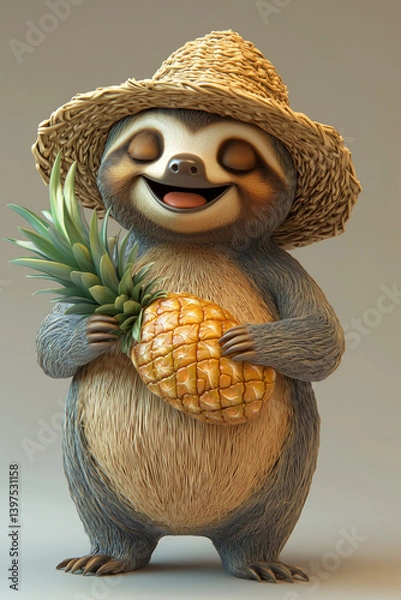 Fototapeta Smiling 3D cartoon sloth with pineapple and straw hat enjoying tropical vibe. Concept of relaxed family vacation, exotic resort branding, and slow travel lifestyle