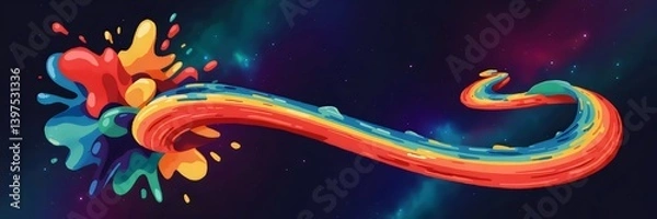 Fototapeta Digital illustration of vibrant paint explosion forming a fluid, swirling path against a cosmic backdrop – Ideal for energy, movement, and creative storytelling.