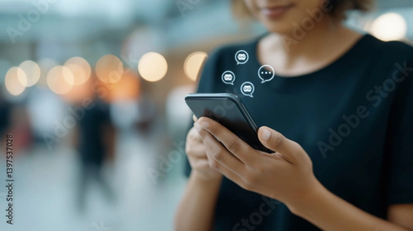 Fototapeta Smartphone Interaction with AI Chatbot Support in Modern Setting