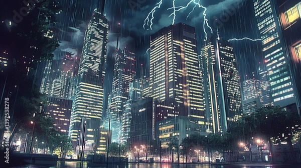 Fototapeta 雷雨に包まれたネオン輝く都市の夜景