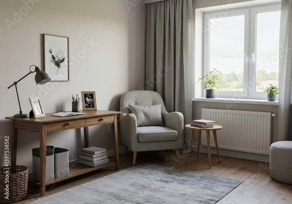 Fototapeta 穏やかな光が差し込む、落ち着く書斎 上品な灰色と木の温もり