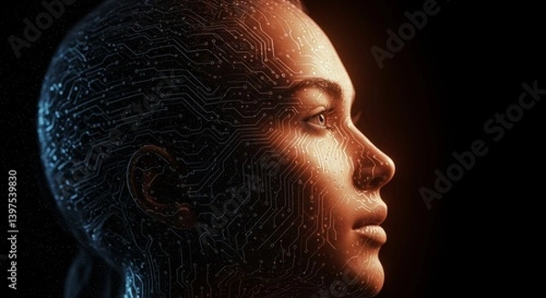 Fototapeta Human Circuitry: A Profile in Technological Fusion - A woman's face, overlaid with circuit patterns, symbolizes technology, humanity, innovation, future, and connection