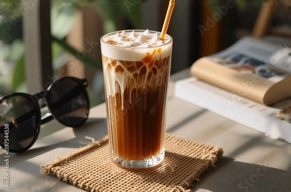 Fototapeta Refreshing iced coffee drink with creamy topping, served in a tall glass with a straw.  Sunlight streams in, illuminating the beverage on a rustic coaster. Sunglasses rest nearby.