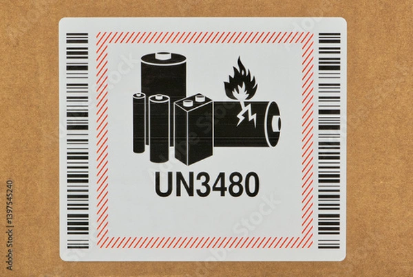 Fototapeta UN 3480 Lithium metal battery warning Sticker closeup safety instructions.	