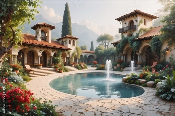 Fototapeta Serene Mediterranean-style estate boasts a circular pool, fountain, and lush landscaping.  Architectural details, including arches and terracotta roofs, create an idyllic atmosphere. Mountains form a 