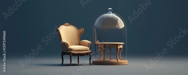 Obraz Miniature 3D Furniture Set: A charming 3D render featuring a miniature chair and table under a bell jar, perfect for quirky and artistic visuals.