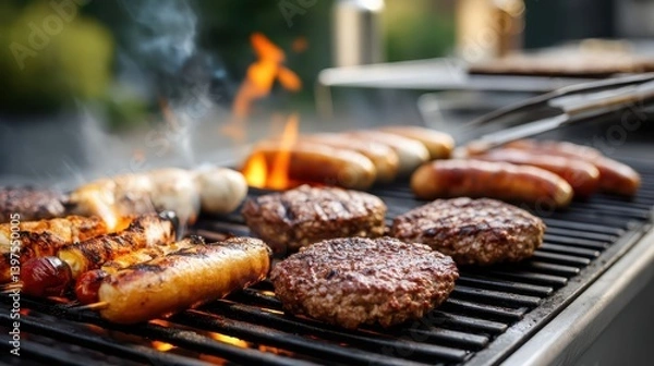 Fototapeta Juicy beef burgers and sausages sizzle on a barbecue grill