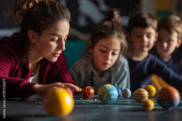 Fototapeta Young teacher explaining a scale model of the solar system to her students in an astronomy class