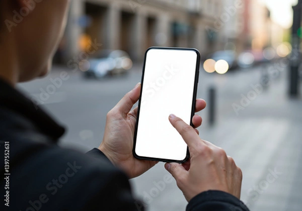 Fototapeta Person Using Smartphone Outdoors City with a blank screen