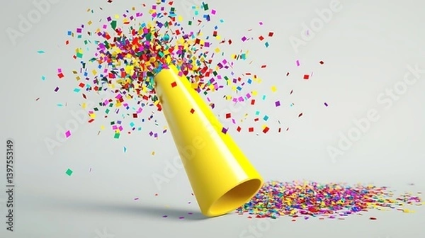 Obraz Party Popper Emoji 3D Icon: A festive 3D rendering a yellow party popper emoji icon with colorful confetti, ideal for celebrations and festive graphics.
