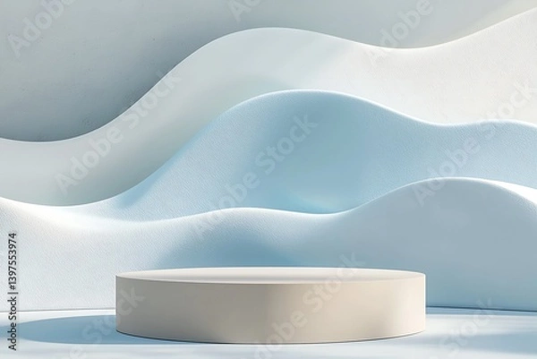 Obraz Pastel Podium Abstract Scene: Trendy 3D render featuring a minimalist podium set against a pastel blue and white abstract background, ideal for product showcases and social media banners.