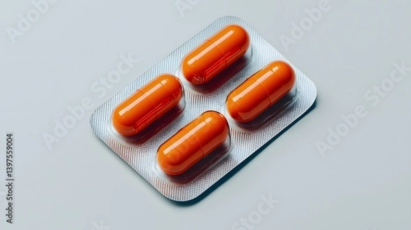 Fototapeta Close-up of a silver blister pack containing four bright orange capsules, placed on a neutral background, symbolizing medicine, healthcare, and treatment.