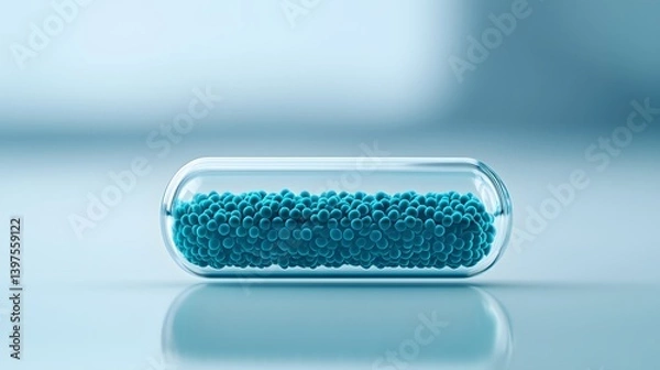Fototapeta Close-up of a futuristic transparent capsule filled with small blue microbeads, symbolizing advanced pharmaceuticals, biotechnology, and innovative drug delivery systems.
