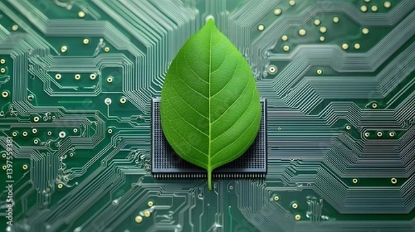 Fototapeta A vibrant green leaf placed on a microchip, symbolizing eco-friendly technology, sustainable computing, and the integration of nature with innovation.