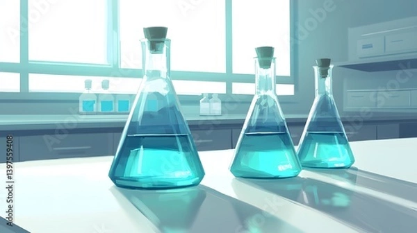 Fototapeta Three laboratory glass flasks filled with blue liquid placed on a reflective table in a bright scientific research lab environment.