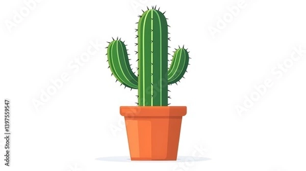 Fototapeta A simple and vibrant digital illustration of a green cactus in a terracotta pot, isolated on a white background, symbolizing desert plants and minimalism.
