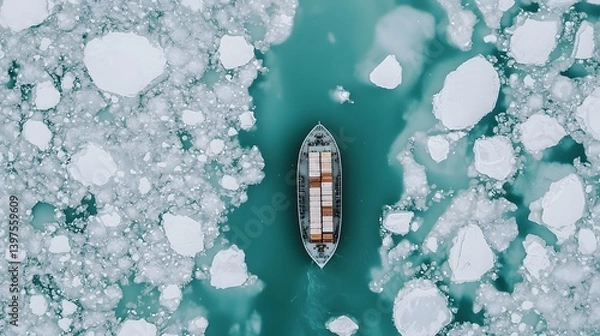 Fototapeta Aerial view of a cargo ship sailing through icy waters surrounded by floating icebergs, highlighting global trade, climate change, and arctic navigation.