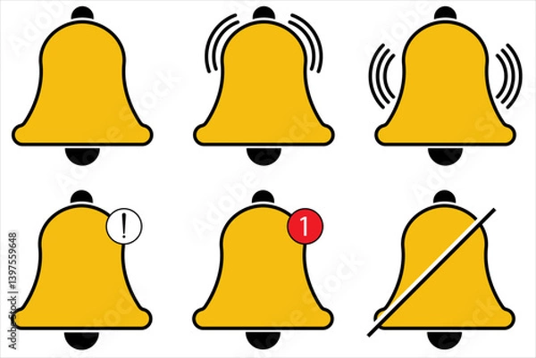 Fototapeta Notification bell icon set. Message notification bell icon set in Yellow. Notification bell symbols in white background. Bell, icons, Notification, symbol, vector.