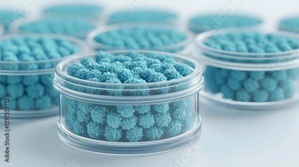 Fototapeta Close-up of multiple petri dishes filled with textured blue biological samples, representing scientific research, microbiology, biotechnology, and laboratory studies.