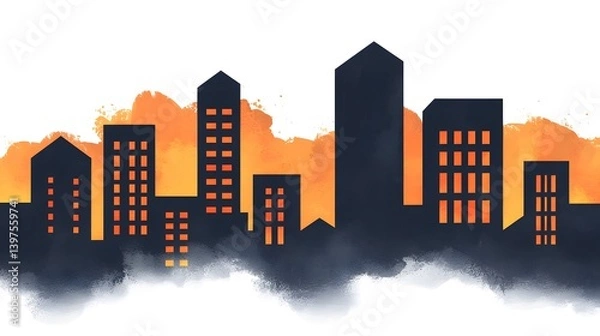 Fototapeta Digital illustration of a city skyline in silhouette style with a watercolor background, featuring warm orange tones and artistic brush strokes.