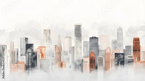 Fototapeta A soft watercolor illustration of a modern city skyline enveloped in mist, featuring high-rise buildings in earthy tones with a dreamy atmosphere.