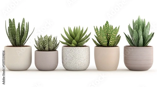 Fototapeta A row of five potted succulent plants in stylish ceramic pots, arranged against a white background, symbolizing home decor, greenery, and minimalism.