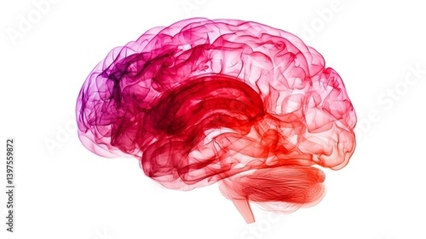 Fototapeta Creative digital illustration of a human brain with a smoke-like, transparent effect in red and pink hues on a white background.