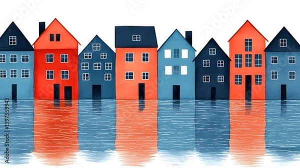 Fototapeta Artistic watercolor-style illustration of houses partially submerged in water, depicting flooding, climate change, and rising sea levels in urban areas.