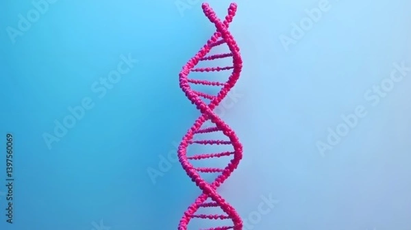 Fototapeta Futuristic 3D illustration of a pink DNA double helix structure against a blue gradient background, symbolizing genetics, biotechnology, and molecular science.