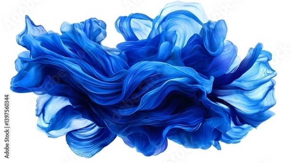 Fototapeta Vivid abstract image of blue silk-like fabric swirling in mid-air, resembling a dynamic wave or cloud on white background.