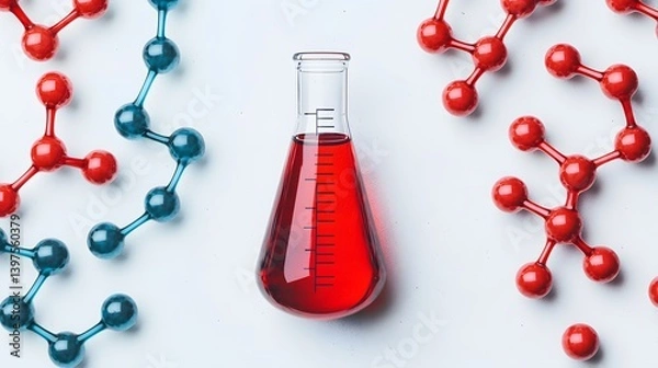 Fototapeta Laboratory flask filled with red liquid surrounded by red and blue molecular models, symbolizing chemistry, biology, or pharmaceutical research.