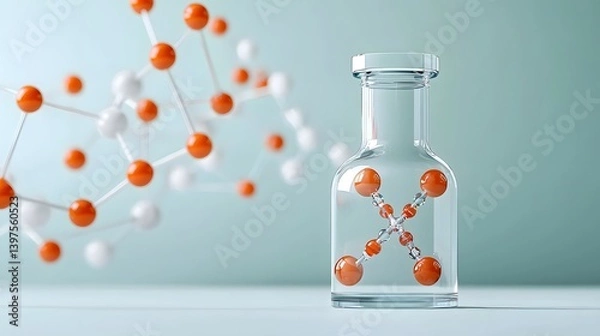 Fototapeta Scientific glass vial containing a molecular model with orange atoms, representing chemical research, innovation, and molecular science on a clean background.