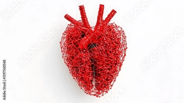 Fototapeta Creative 3D rendering of a human heart formed from red wires and tubes, symbolizing technology, biology, and cardiovascular science.