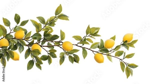 Fototapeta Illustration of a lemon tree branch filled with vibrant yellow lemons and lush green leaves on a clean white background.