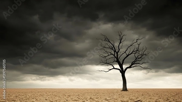 Fototapeta A solitary dead tree stands on cracked, barren earth under dramatic storm clouds, symbolizing drought, climate change, and desolation.
