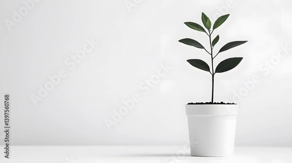 Fototapeta A small green plant in a white pot stands against a clean white background, representing growth, simplicity, and modern interior decor.