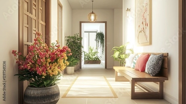 Fototapeta cozy modern hallway with wooden bench vibrant flowers and pillows offering a warm and welcoming space designed with stylish decor and natural home elements