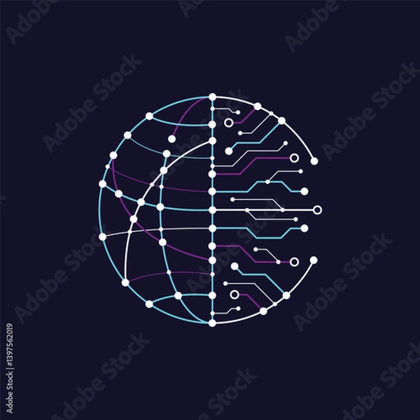 Fototapeta Logo of global made of circuit lines with technology big data flowing. Vector illustration